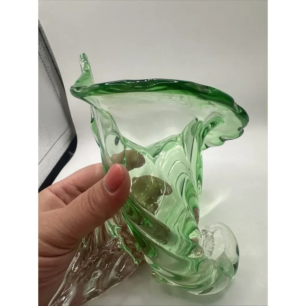 Vtg Murano Jack n Pulpit Green To Clear Blown Glass Upright Horn Vase-7